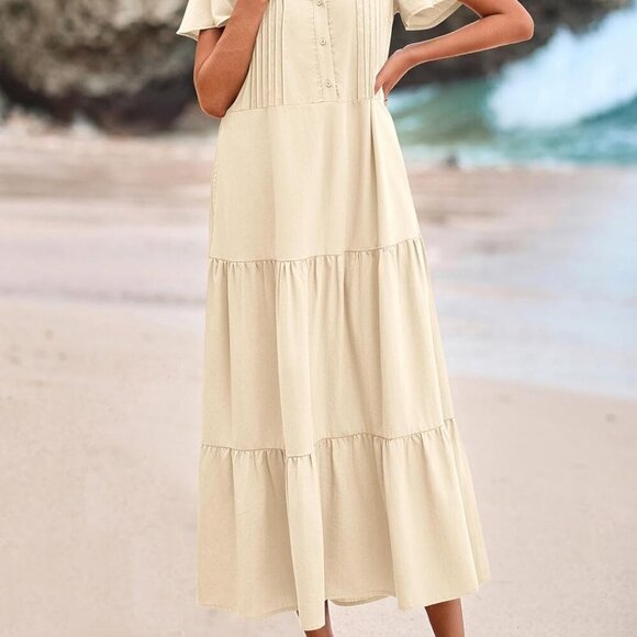 Summer Maxi Dresses for Women 2025 Spring Fashion Short Sleeve Button V Neck Ple - Picture 4 of 8